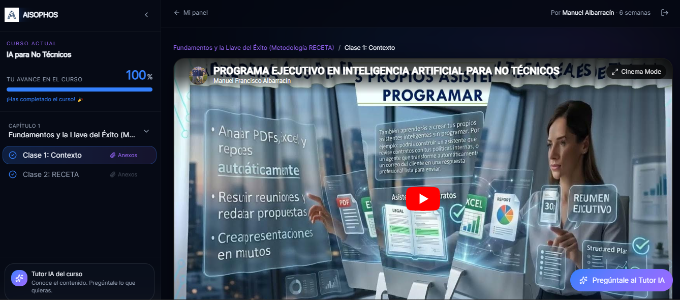 Vista previa del aula AISOPHOS con reproductor de video, plan de estudios y Tutor IA